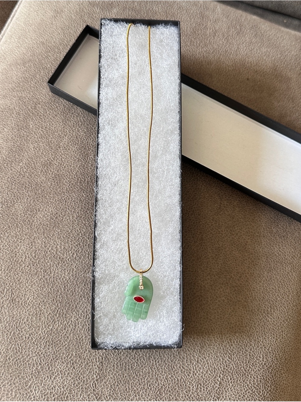 Gold-tone stainless steel chain Necklace with Green Hamsa Pendant by